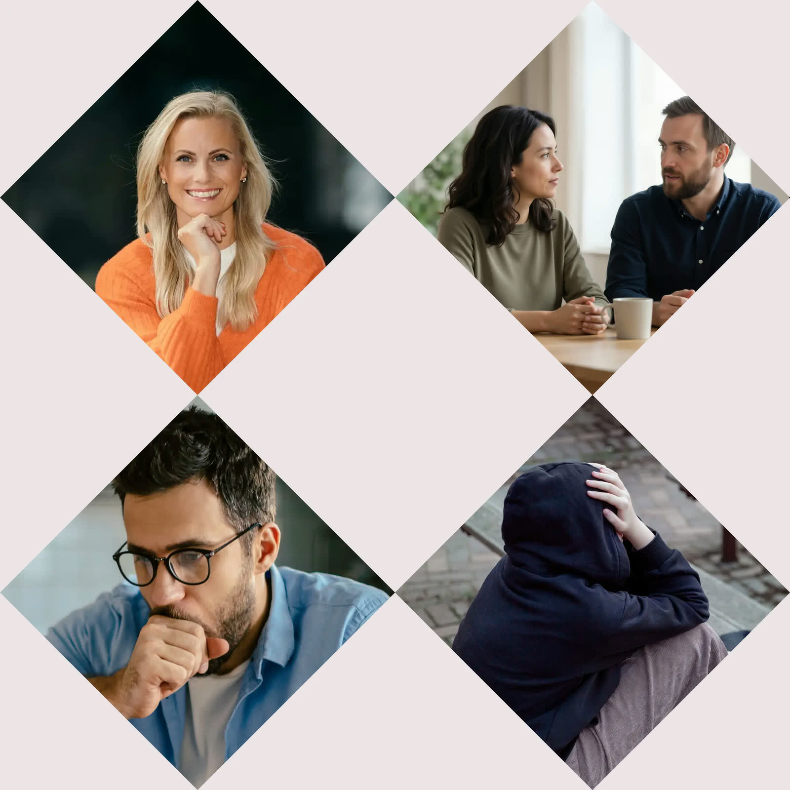 Pengefix-symbolet med fire bilder i rutene: Silje Sandmæl, to personer i samtale, en mann som går gjennom regninger og en bekymret person